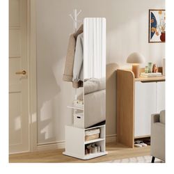 Full Length Mirror with Coat Rack, 360° Rotating Solid Wood Floor Mirror Multifunctional Swivel Standing Mirror with Storage for Living Room Bedroom a
