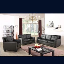 Black Leather Modern Style Three Piece Couch Set 