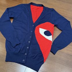 Comme Des Garcons Navy and Red Cardigan Heart Eye Design cardigan