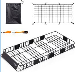 TUFFIOM 84"x 39"x 6" Universal Rooftop Cargo Carrier Basket, Extendable Steel Roof Rack Basket w/Net+Storage Bag+Straps, Heavy Duty Car Top Rack Lugga