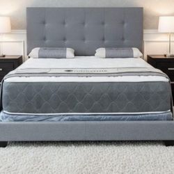 BRAND NEW QUEEN SIZE GRAY LINEN BED FRAME WITH NEW MATTRESS SET/FAST DELIVERY 