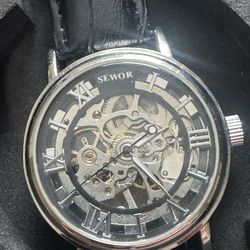 New In Box Manual Skeleton Watch With Genuine Leather Band
