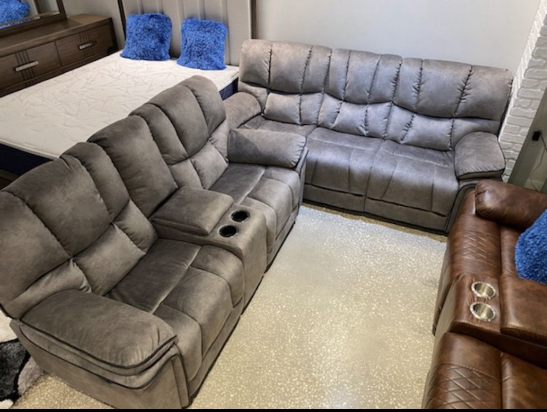 Holiday sale. Barcelona, soft, gray reclining sofa and loveseat set only $1299. Easy finance option. Same-day delivery.