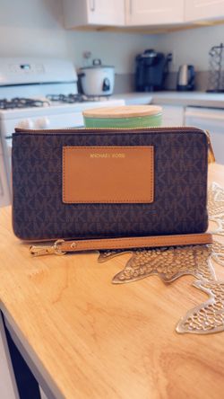 Michael Kors Brown and Tan Logo Double Zip Wristlet with Gold Accents