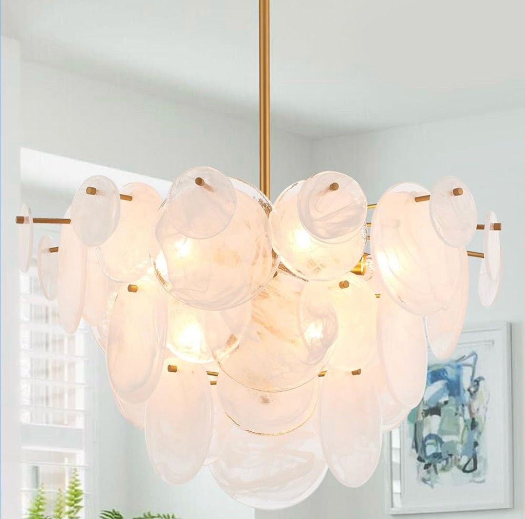 New 28” Dia Large Gold Glass Chandelier Multi-tier Coastal Pendant Adjustable Height Dimmable