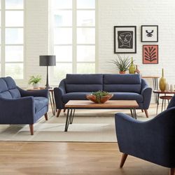 MID CENTURY MODERN NAVY BLUE WOVEN FABRIC 2 PIECE SOFA LOVESEAT SET