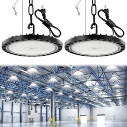 LED High Bay Light 300W 2 Pack, 5000K Bright UFO LED High Bay Lights 30000LM with US Plug 5ft Cable,IP65 LED UFO Bay Lighting with Chain&Safety Rope f