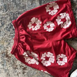 Red denim tears shorts