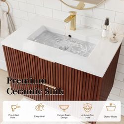 30-inch floating bathroom sink with basin, wall-mounted, oak texture, natural wood color