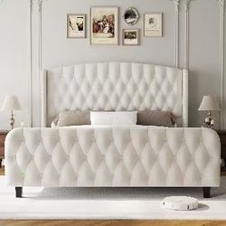 ❤️‍🔥 51 in Tall Queen Size Velvet Upholstered Bed Frame with Wingback Headboard, Cream, No Box Spring Needed, Easy Assemble $ 150