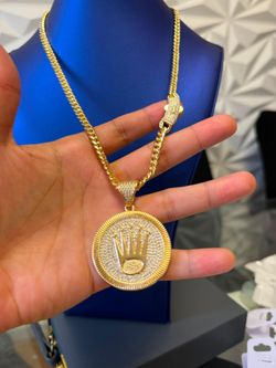 Gold Cuban Link Chain with Crown Pendant