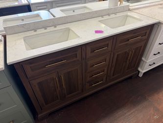Doveton 60 in. Double Sink Freestanding Dark Walnut Bath Vanity with White Engineered Marble Top