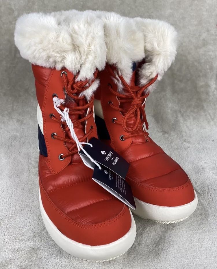 New Sperry Winter Snow Boots Techwave Red White Blue Women's Size 9 Faux Fur