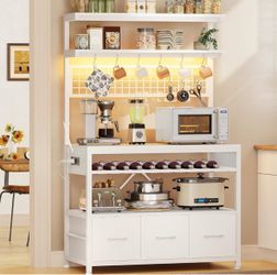 White Kitchen Baker's Rack with LED Light and Storage