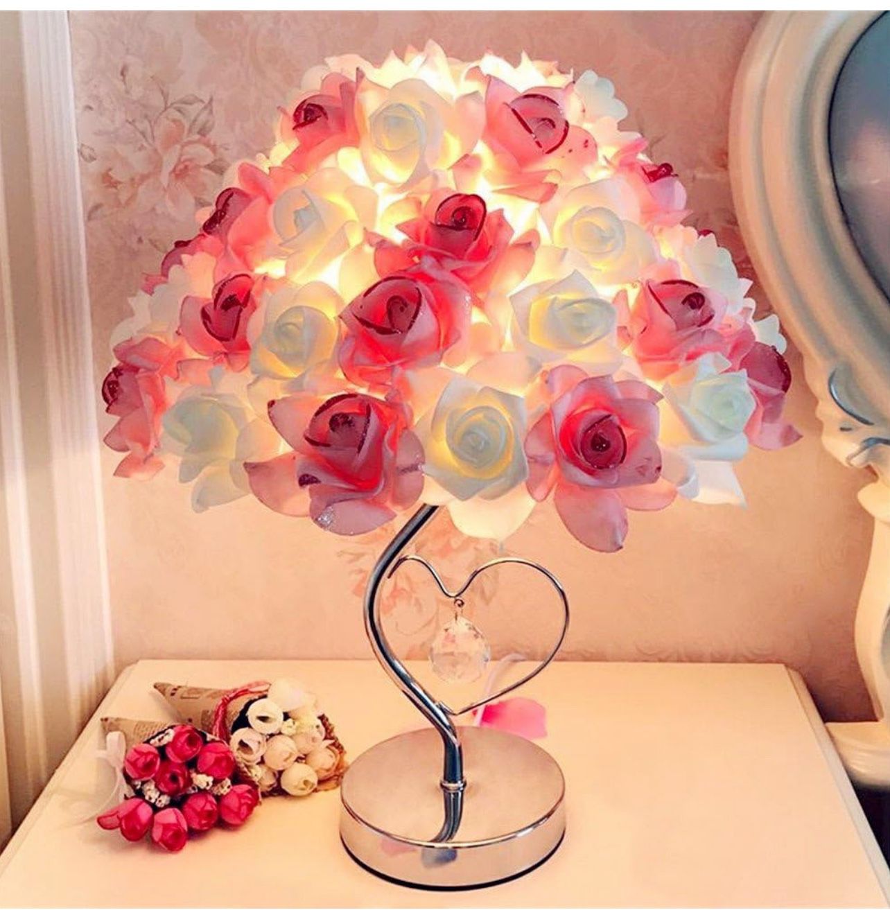 Desk Lamp Rose Flowers Creative Table Light Table Lamp for Christmas Dating Party Wedding Living Room Bedroom Party Home Decor(Pink & White)