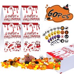 Halloween Paper Treat Bags, 60Pcs Trick or Treat Goodie Bags Happy Halloween Care Packages with 60 pcs Stickers