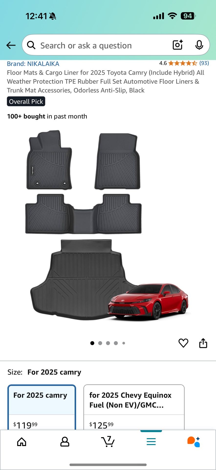 All Weather Floor Mats and Cargo Liner For 2025 Toyota Camry