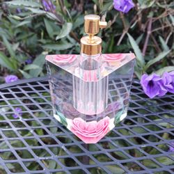 BRAND NEW PERFUME BOTTLE WITH ATOMIZER,  HANDCARVED PINK ROSE AND GREEN LEAVES,  BIRCRAFT ORIGINAL
