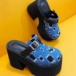 Womens Punk Chunky High Heel Closed Toe Denim Slippers Slip On Platform Sandals