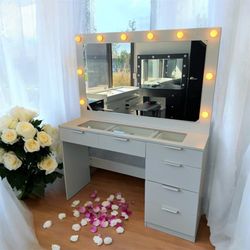 Lager Makeup Vanity with Hollywood Lights Built-in, 6 Drawers, Wide Hollywood Mirror, Glam Glass Top