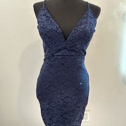 Emerald Sundae Navy Lace V-Neck Spaghetti-Strap Mini Dress