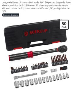 1/4" torque wrench set 50 pieces, 3-25Nm torque wrench set with 72 teeth and click drive with S2 sockets, 1/4" extension rod and 3/8 adapter