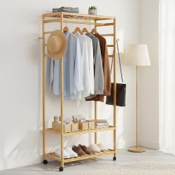 Bamboo Clothes Rack, Coat Stand on Wheels, Open Wardrobe with Shoe Rack, Clothes Rail Hook, Sturdy for Bedroom,