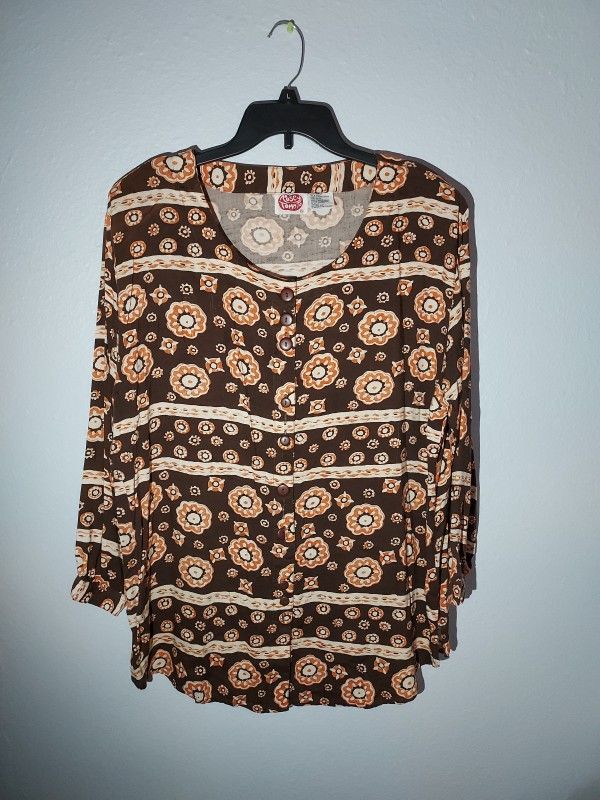 Rosey Tomato Vintage Women's Brown Blouse Top Rayon - Shoulder Pads Size 18