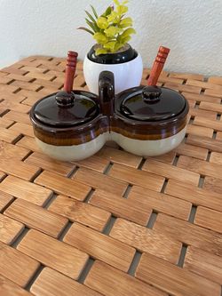 Double Ceramic Condiment Jar Set with Spoons