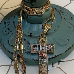 Lucky Tricolor Cross Pendant With Chain Necklace 24” 3mm