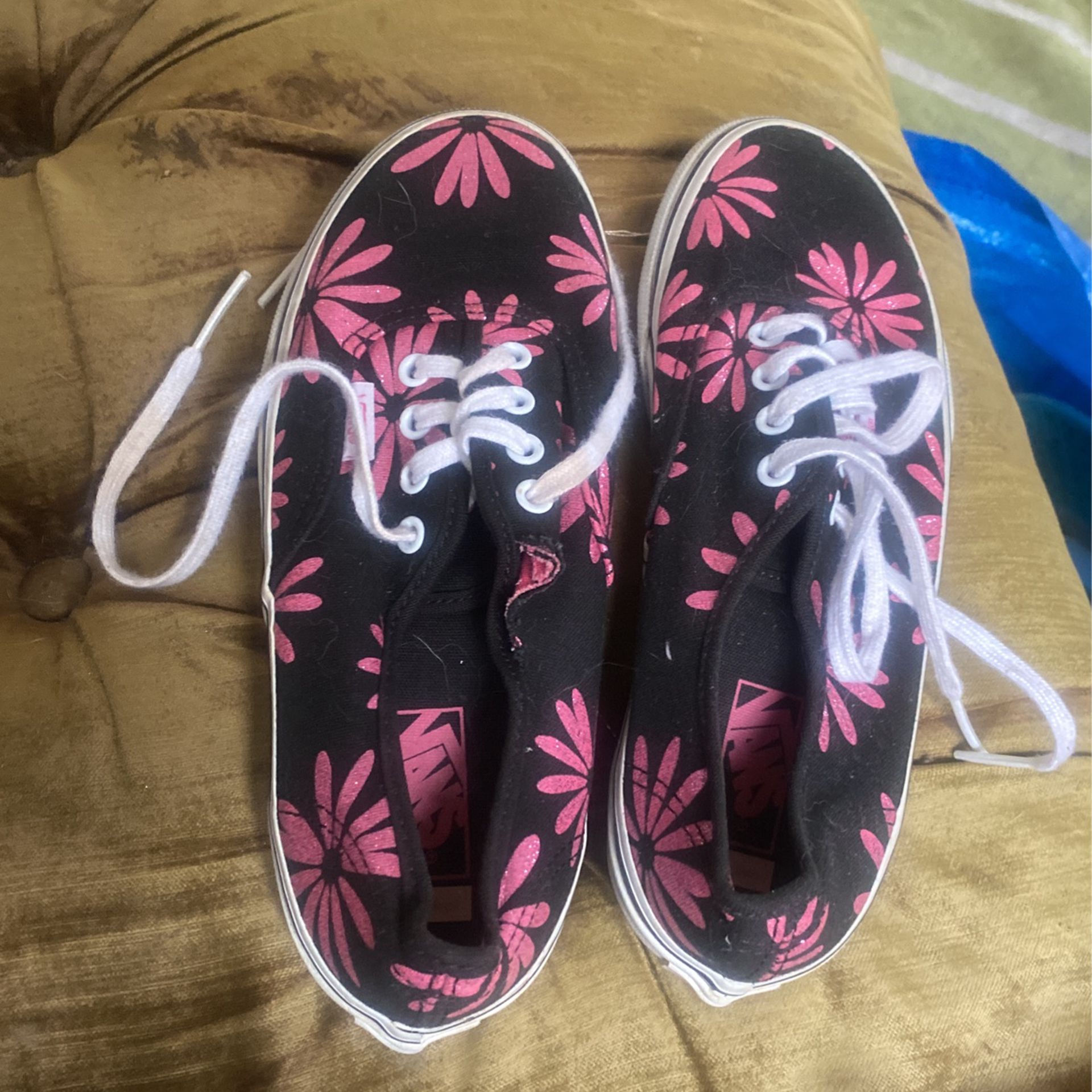 Vans Girls Black & Pink Flowered Shoes 2