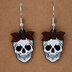 Skeleton Head With Red Bow Earrings.  NEW