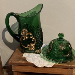 Antique Riverside Croesus Cut Glass Pitcher And Butter Dish