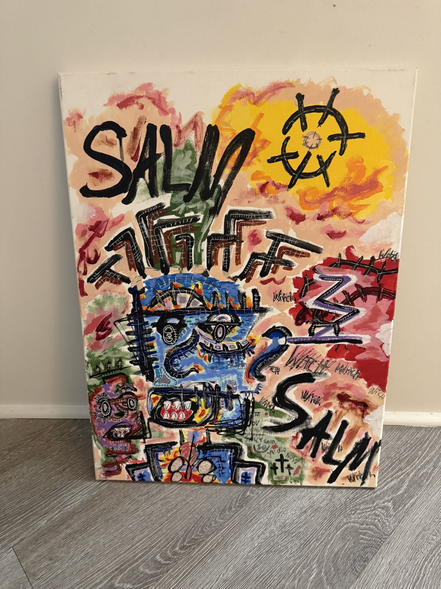 After Jean Michel Basquiat painting on Canvas Signed Jon