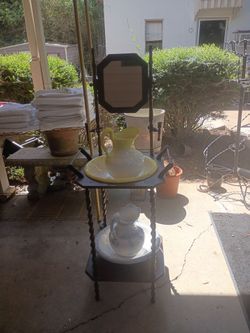 Antique Washstand with Mirror and Pitcher Sets