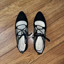 Black Suede Material Lace Up Back Zipper Flats Size 8