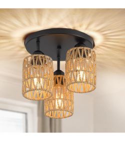Boho Style Rattan Ceiling Light Fixtures, 3-Light, Close to Ceiling, with Woven Cage Shade, Perfect for Kitchen, Dining Room, Bedroom, Entryway, Laund