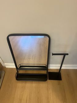 Black Metal Mirror with Shelf and Toilet Paper Holder