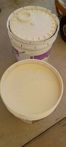 Interior paint 2 five buckets beige one open but is full,other one no open
