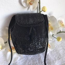 Vintage Black Beaded Evening Purse / Small Handbag with Strap / Art Deco Style
