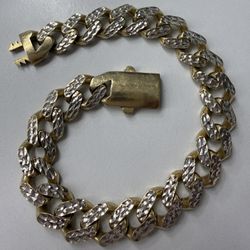 Real 10k Yellow & White Gold Two Tone Diamond Cut Miami Cuban Link Chain Bracelet 8” Inches Long 11mm Wide