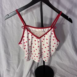 Red Heart Print Lace Trim Cami Tank with Bow Detail