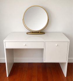 White Vanity Desk with Drawer and Cabinet