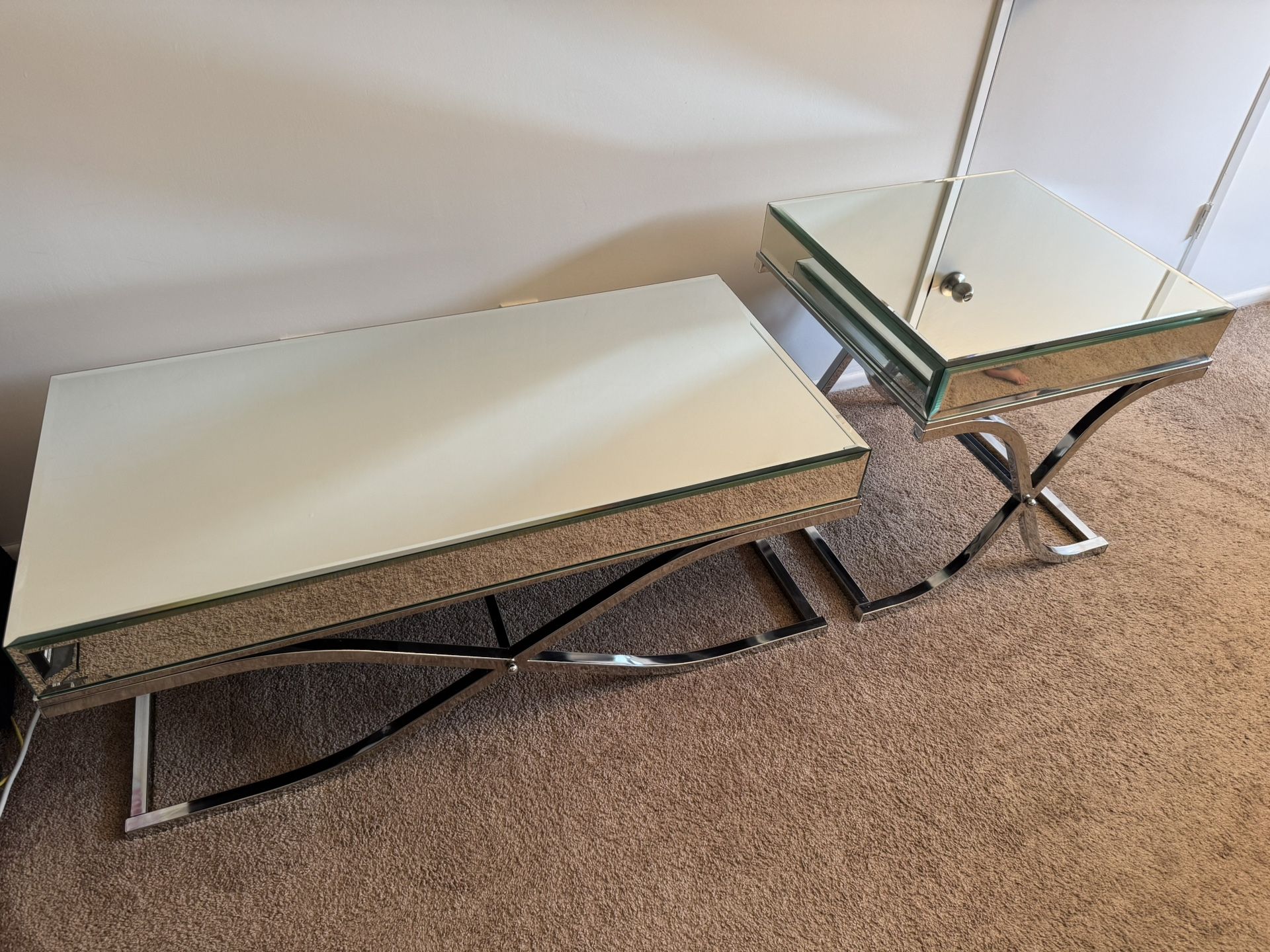Mirrored Glass Chrome Coffee Table & End Table