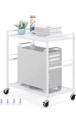 YBING Computer Tower Stand White PC Tower Stand 2 Tier CPU Holder with Wheels Metal Mobile Computer Tower Cart Rolling PC Cart Floor for Fax Home Offi