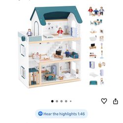 Wooden Dollhouse with Liftable Elevator - 2.6 Feet High Modern Doll House for Kids Toddlers - Including 21 Furniture Pieces, 4 Family Dolls, and 