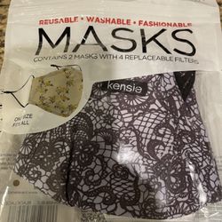 Kenzie 2 Piece Reusable Face Mask Set Plus Filters-Black Lace, Size Standard-NEW