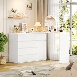 White Dresser with 19.5'' Deeper Depth, Modern Dresser White Chest of Drawers with Door for TV Stand, Deep Drawers and Wide Storage Space