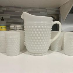 Antique Milk Glass Pitcher And 6 Glasses