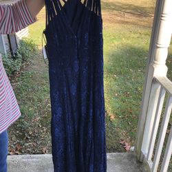 Size 8, Navy Blue,  Floor Length Lace Gown
